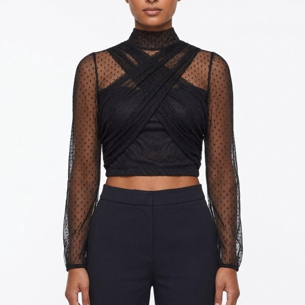 Evolutionary Black Sheer Polka Dot Mesh Mock Neck Cross Front Crop Top Size S